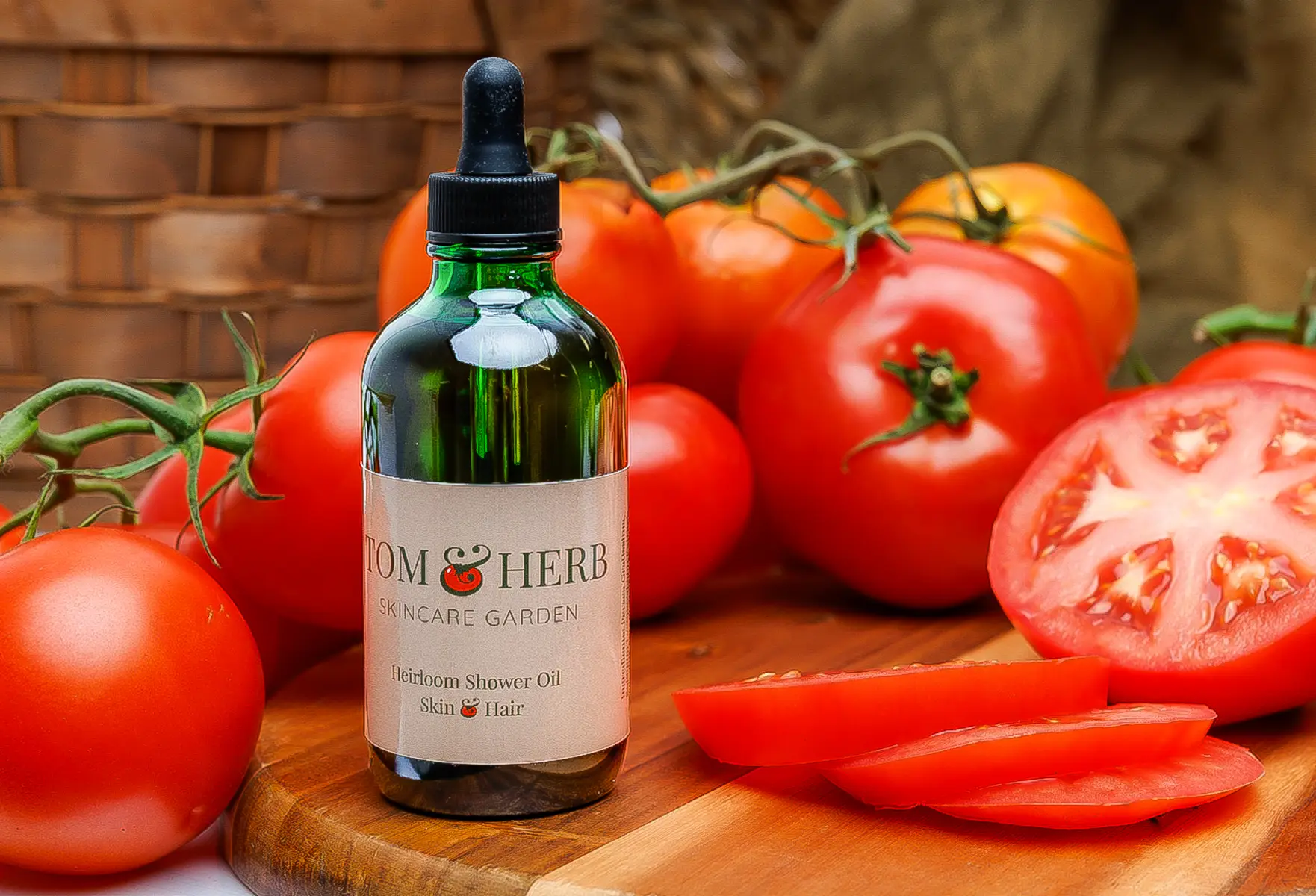 Tom-Herb-Heirloom-Shower-Oil-Tomatoes - Kelly Williams Photography - Kelly Williams Photography Bottle of Tom Herb Skincare Oil with a Dropper Surrounded by Ripe Tomatoes on a Wooden Board