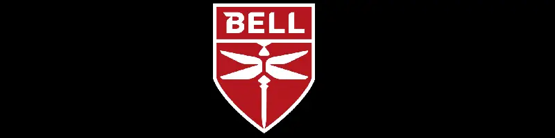Bell logo: red shield with white border, 'BELL' text at top and a white symmetrical emblem in the center on a black background.
