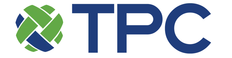 Logo with a green abstract shape on the left and a dark blue rectangular area on the right.