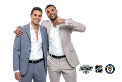 Seth Jones and Caleb Jones with arms around each other and one with fist up acting like he is going to punch the other.